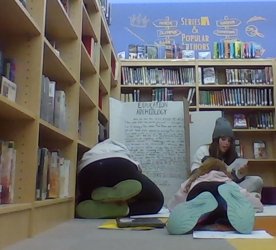 Winona G., Caroline L., and Aria F., of the Acorn People, work on innovation.
