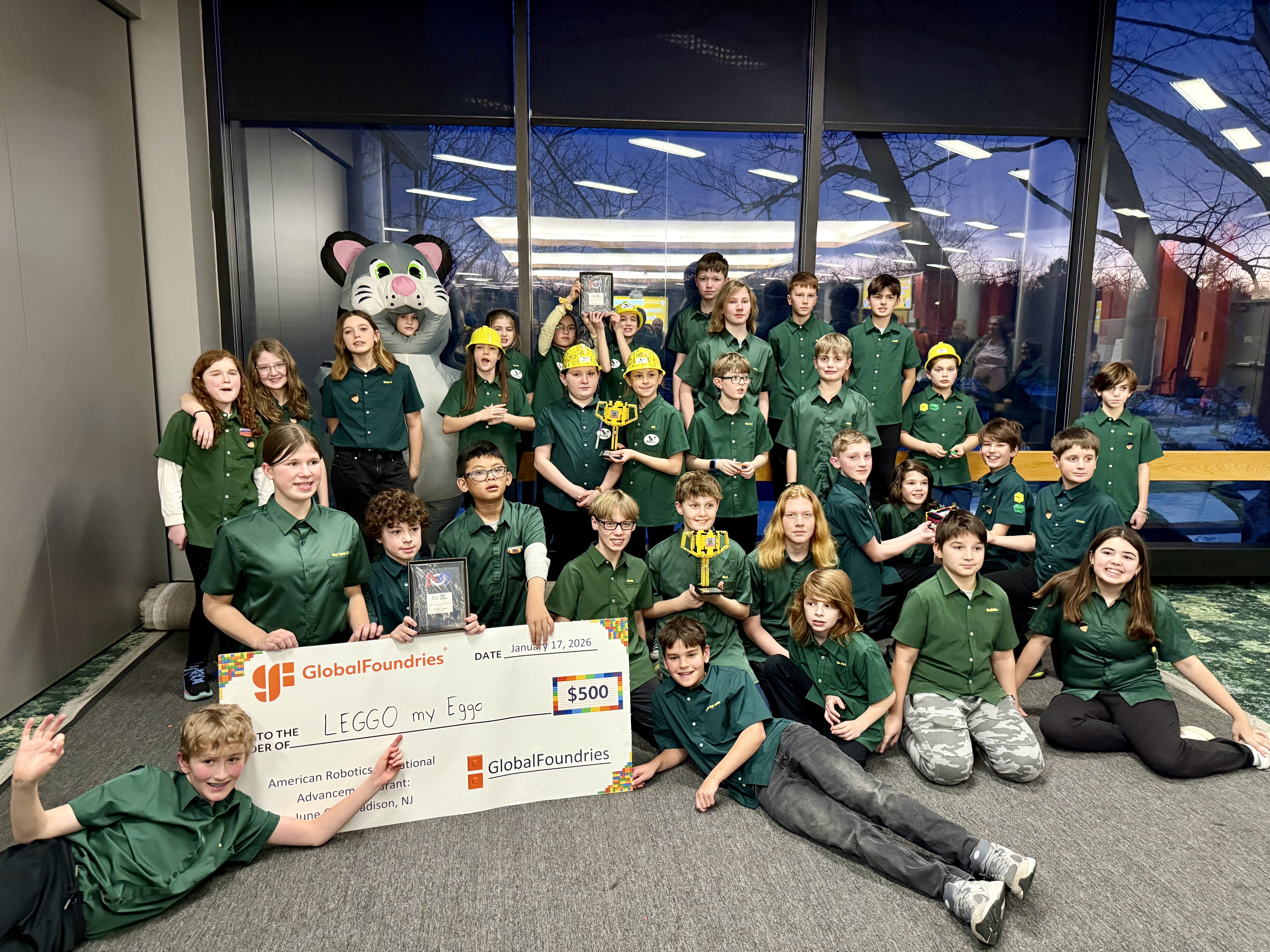The team at the Global Foundries building for the 2026 states competition. Lego My Eggo won a $500 novelty check for doing well. 
