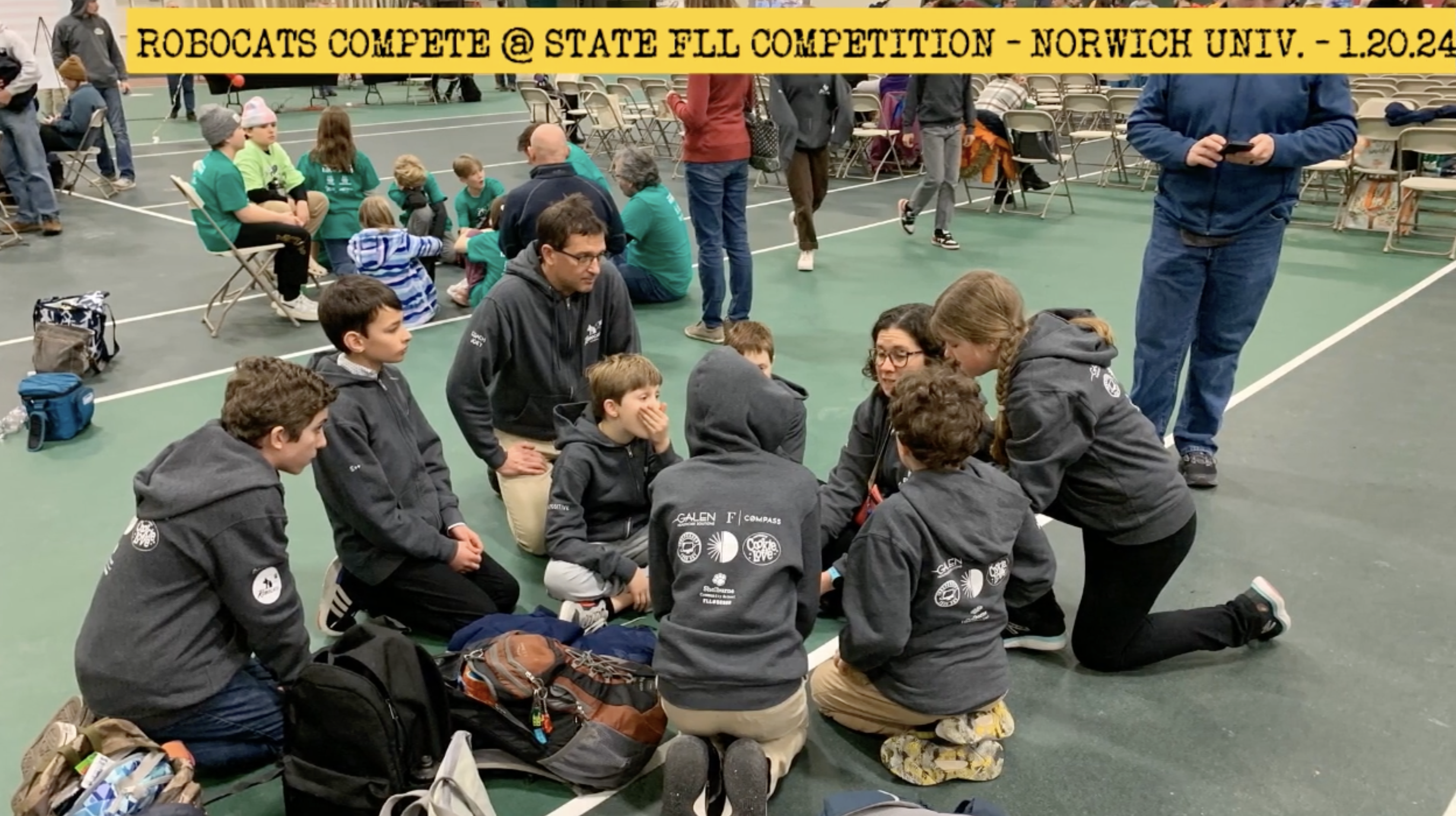 Team huddle at FLL State Finals at Norwich University - 1.20.24